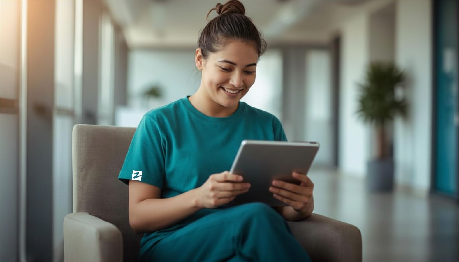 Mitarbeiterin lernt mit Tablet in der Zitzelsberger Akademie